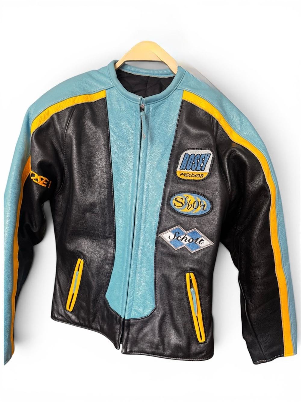 ♥️ OG Y2K Schott NYC Light Blue & Yellow Leather Racing Jacket